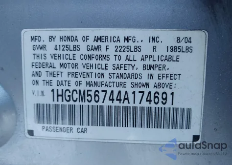 2004 Honda Accord 2.4 Ex z USA, uszkodzony, nr VIN 1HGCM56744A174691